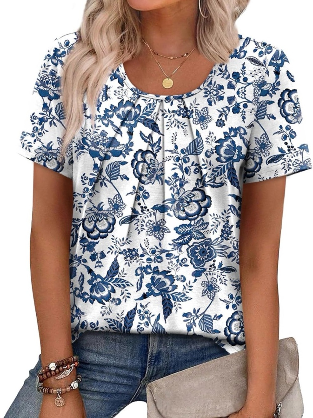 Boho Blue Floral Short-Sleeve Women's Top - Picture 2 of 5